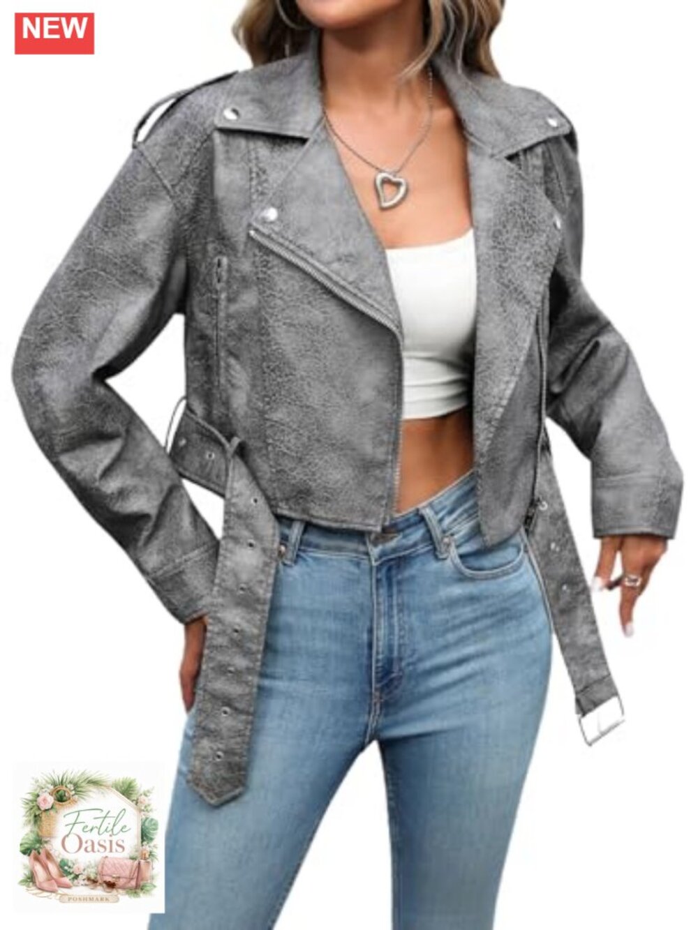 Women Faux Leather Cropped Biker Jacket with Belt